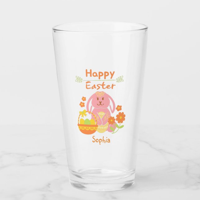 Happy Easter Pink Rabbit and Flowers Glass (Front)