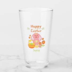 Happy Easter Pink Rabbit and Flowers Glass