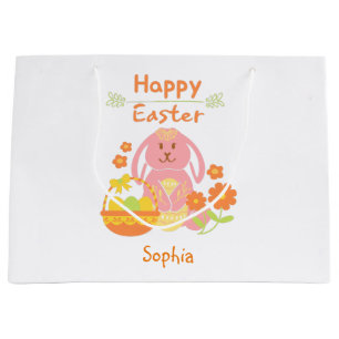 Happy Easter Pink Rabbit and Flowers Large Gift Bag