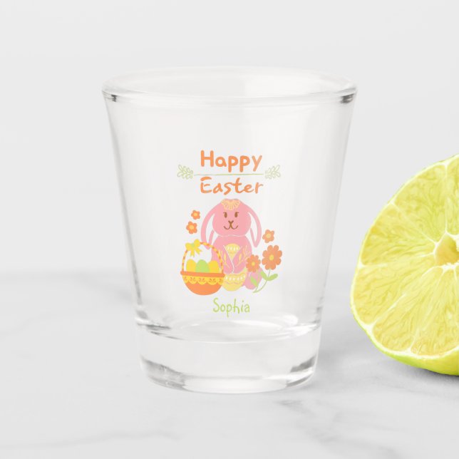 Happy Easter Pink Rabbit and Flowers Shot Glass (Front)