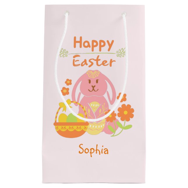 Happy Easter Pink Rabbit and Flowers Small Gift Ba Bag (Front)
