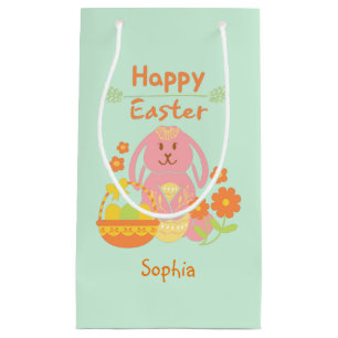 Happy Easter Pink Rabbit and Flowers  Small Gift Bag