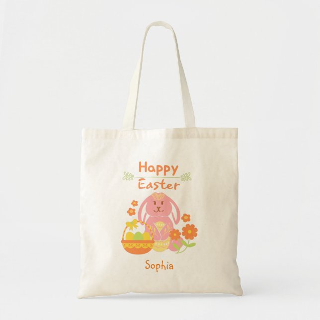 Happy Easter Pink Rabbit and Flowers   Tote Bag (Front)