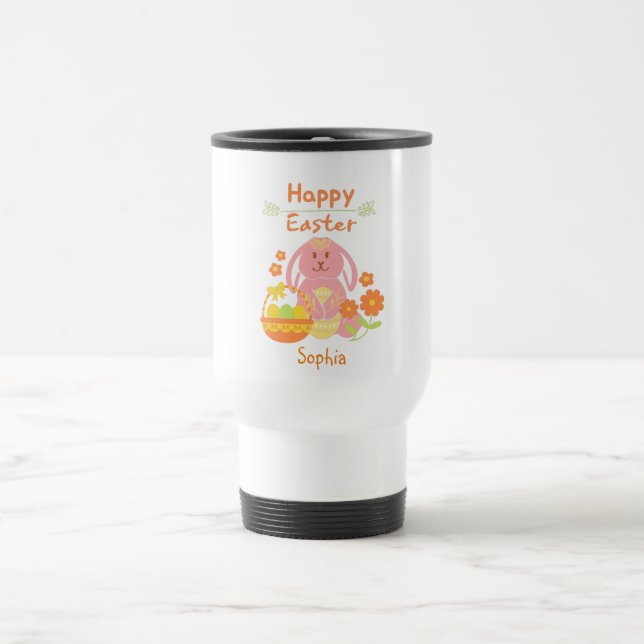 Happy Easter Pink Rabbit and Flowers Travel Mug (Center)