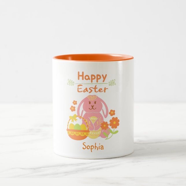 Happy Easter Pink Rabbit and Flowers    Two-Tone Coffee Mug (Center)