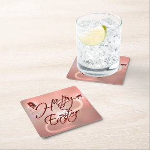 Happy Easter Pink Shades And Butterflies Square Paper Coaster
