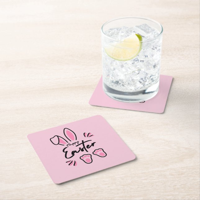 Happy Easter (Pink) Square Paper Coaster (Insitu)
