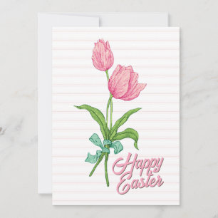Happy Easter Pink Tulip Flower Bow Stripes Spring  Holiday Card