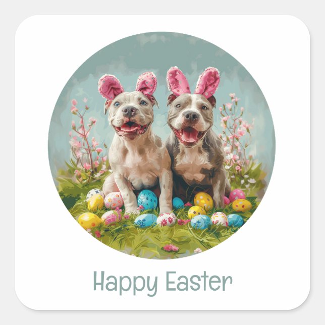 Happy Easter Pit Bull Dogs Square Sticker (Front)