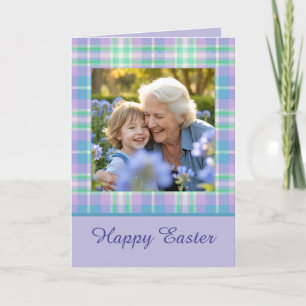 Happy Easter Plaid One Photo Purple Blue Pastel Card