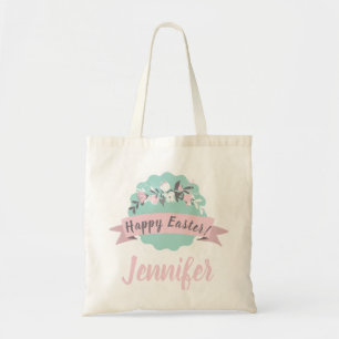 Happy Easter Pretty Pink Floral Easter Egg Hunt Tote Bag