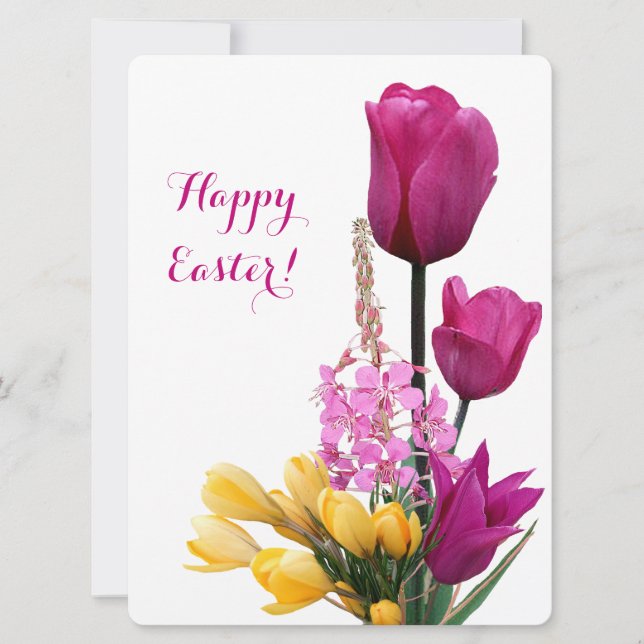 Happy Easter pretty pink tulips yellow crocus chic Holiday Card (Front)