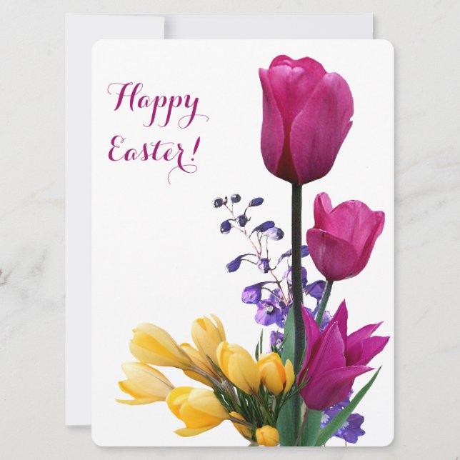 Happy Easter pretty pink tulips yellow crocus cute Holiday Card (Front)