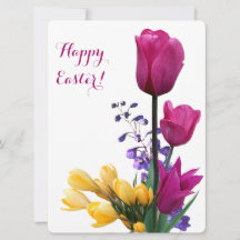 Happy Easter pretty pink tulips yellow crocus cute