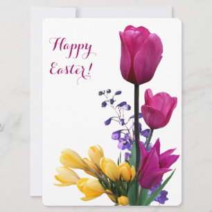Happy Easter pretty pink tulips yellow crocus cute Holiday Card