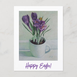 Happy Easter pretty purple crocus floral fine art Postcard