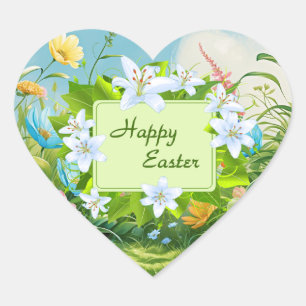 Happy Easter, Pretty Spring Flowers, Heart Sticker