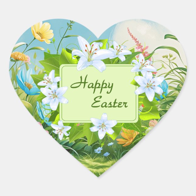 Happy Easter, Pretty Spring Flowers, Heart Sticker (Front)