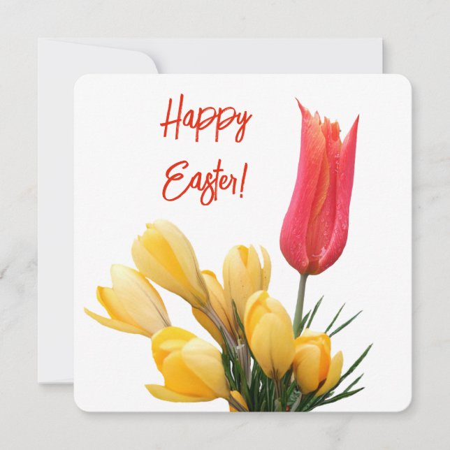 Happy Easter pretty yellow crocus red tulip floral Card (Front)