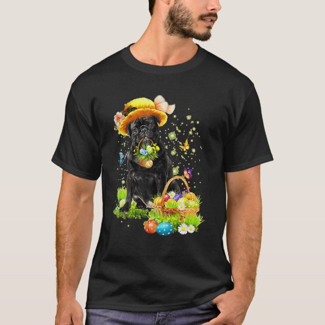 Happy Easter Pug Dog, Happy Easter Eggs, Easter Da T-Shirt (Front)