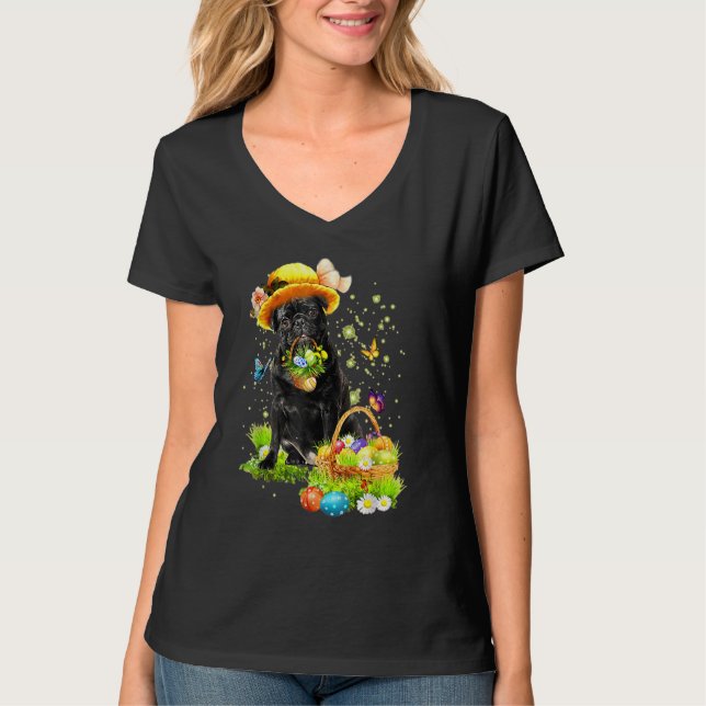 Happy Easter Pug Dog Happy Easter Eggs Easter Day T-Shirt (Front)