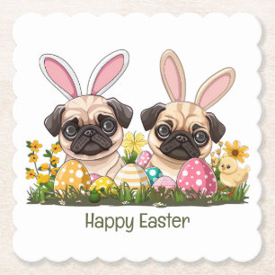 Happy Easter Pug Dogs Bunny Ears Paper Coaster