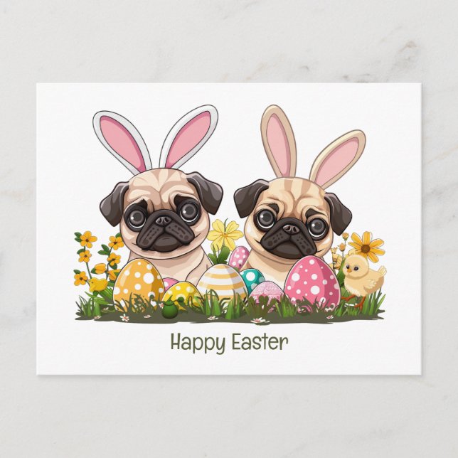 Happy Easter Pug Dogs Bunny Ears Postcard (Front)