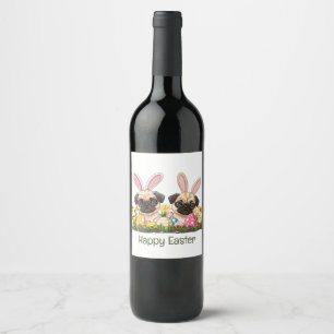 Happy Easter Pug Dogs Bunny Ears Wine Label