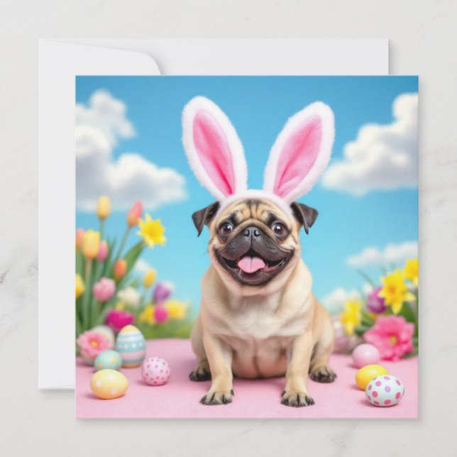 Happy Easter Pug with Bunny Ears Holiday Card (Front)