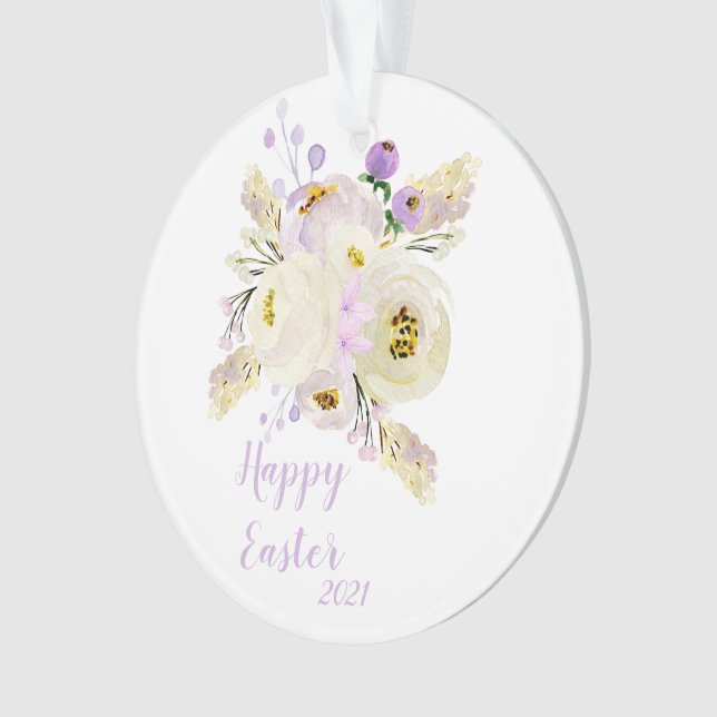 Happy Easter Purple and White Flowers Ornament (Front)