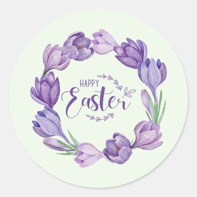 Happy Easter Purple Crocus Flower Wreath  Classic Round Sticker (Front)