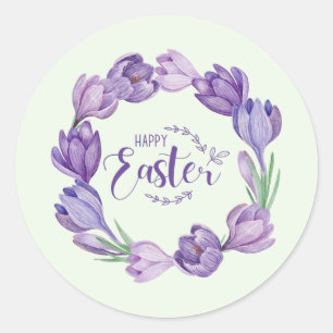 Happy Easter Purple Crocus Flower Wreath  Classic Round Sticker