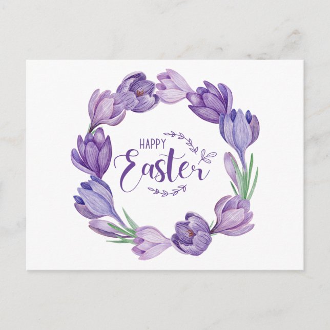 Happy Easter Purple Crocus Flower Wreath  Postcard (Front)