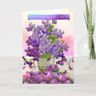 Happy Easter Purple Violets & Eggs Easter  Holiday Card