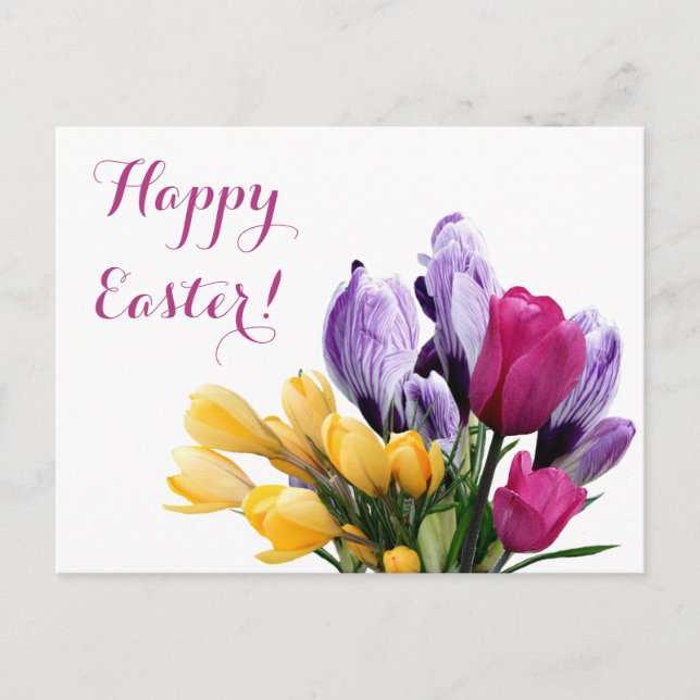 Happy Easter purple yellow crocus pink tulip chic Holiday Postcard (Front)