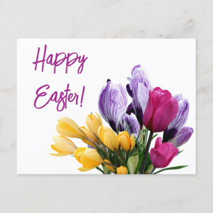 Happy Easter purple yellow pink tulip floral fun Holiday Postcard