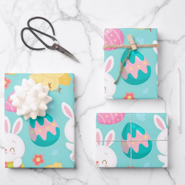 Happy Easter Rabbit And Chicken Wrapping Paper Sheet (Front)