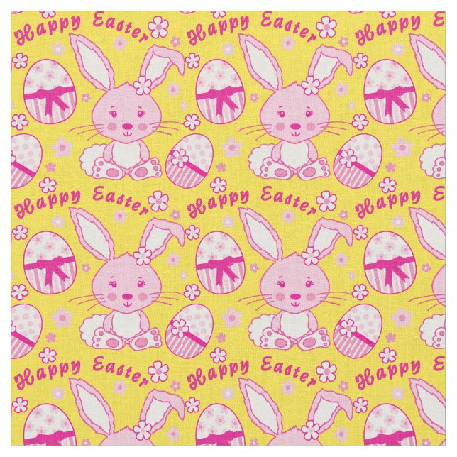 Happy Easter Rabbit bunny and eggs fabric (Close Up)