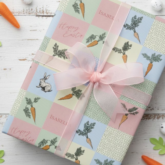 Happy Easter Rabbit & Carrot Square Pattern Wrapping Paper (Adorable Pink Happy Easter Wrapping Paper for Her. Cute Easter Bunny & Carrots Illustration for Kids)