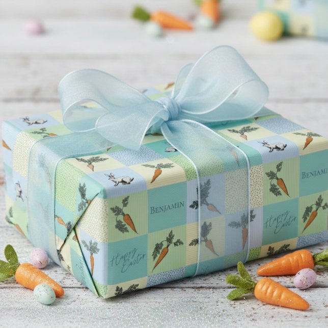 Happy Easter Rabbit & Carrot Squares Blue Pattern Wrapping Paper (Colorful Happy Easter Wrapping Paper for Kids. Adorable Bunnies & Carrot Veggies Blue Pattern)