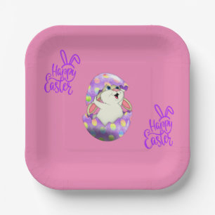 "HAPPY EASTER" RABBIT COMING OUT OF A COLORED EGG PAPER PLATE