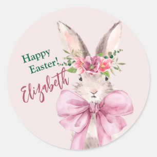 Happy easter rabbit  Modern Pink bow bunny  Classic Round Sticker