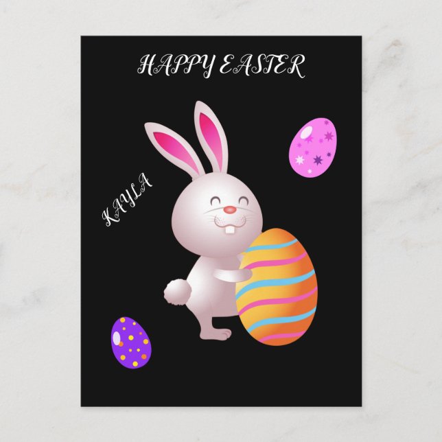Happy Easter rabbit & striped egg postcard. Postcard (Front)
