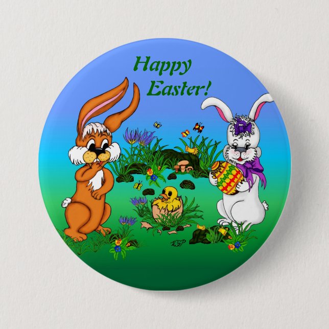 Happy Easter! Rabbit with Bunny and Chick 7.5 Cm Round Badge (Front)
