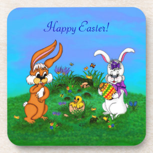 Happy Easter! Rabbit with Bunny and Chick Coaster