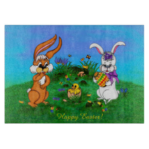 Happy Easter! Rabbit with Bunny and Chick Cutting Board