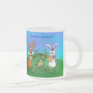 Happy Easter! Rabbit with Bunny and Chick Frosted Glass Coffee Mug