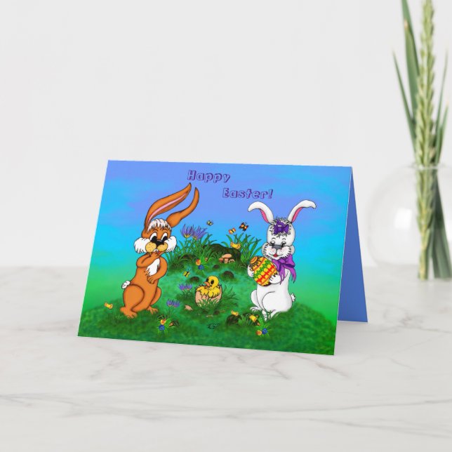 Happy Easter! Rabbit with Bunny and Chick Holiday Card (Front)