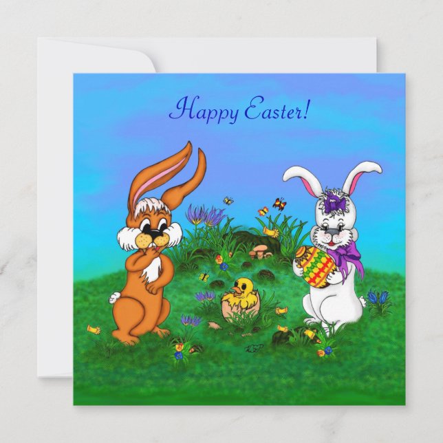 Happy Easter! Rabbit with Bunny and Chick Holiday Card (Front)