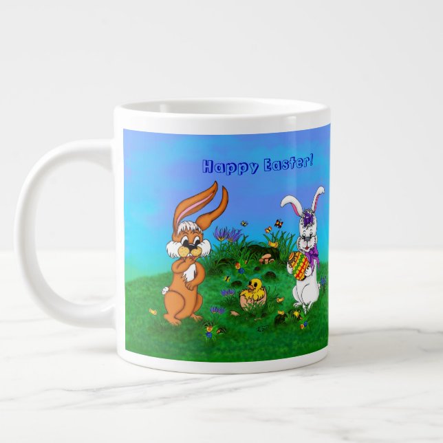 Happy Easter! Rabbit with Bunny and Chick Large Coffee Mug (Left)